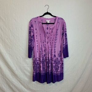 Serengeti Womens Pink Purple Pleated Button Down V-Neck Floral Tunic Top Size 1X